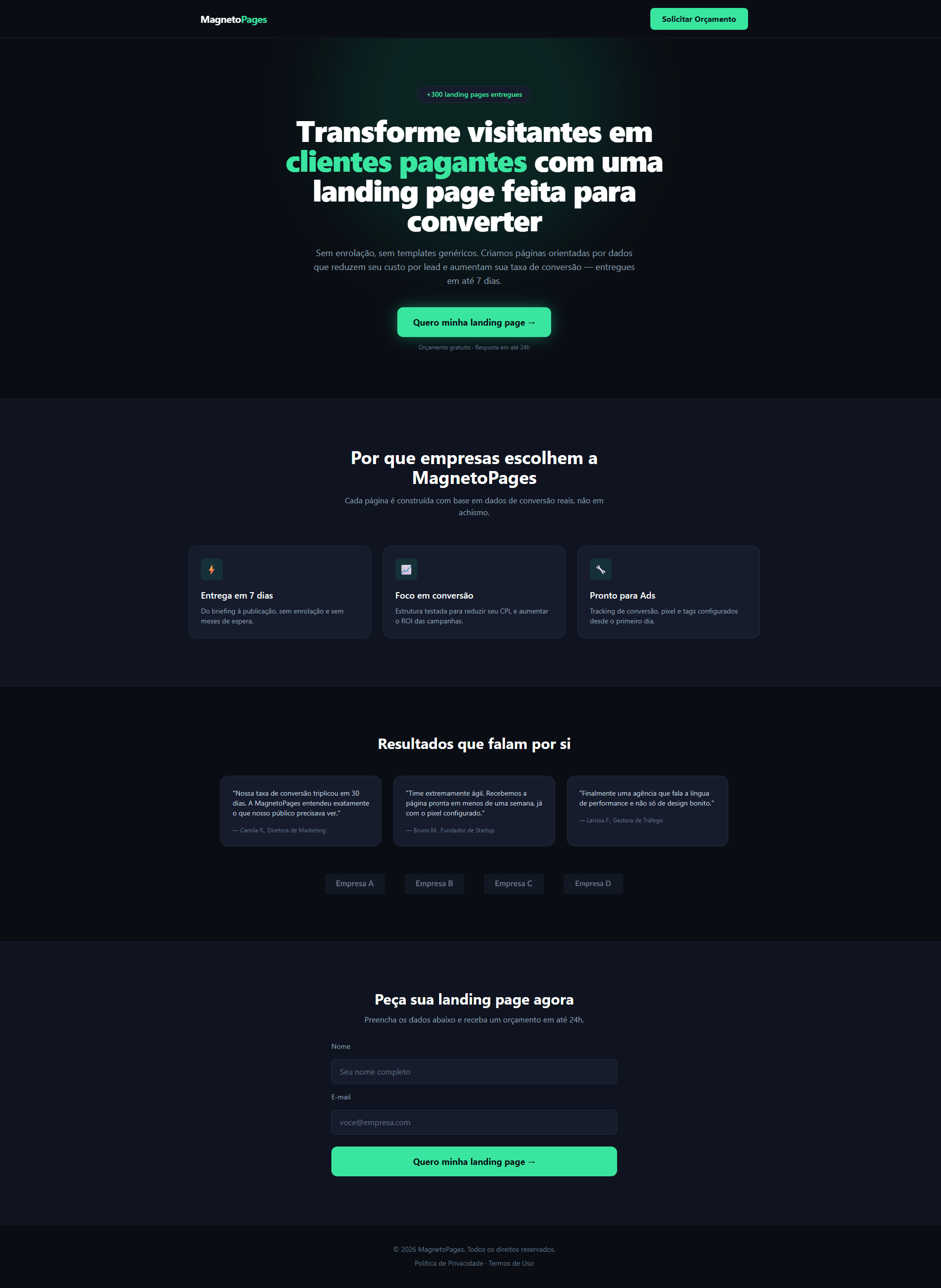 Captura de tela do template de landing page Analítico e Tech (Dark Mode) da MagnetoPages