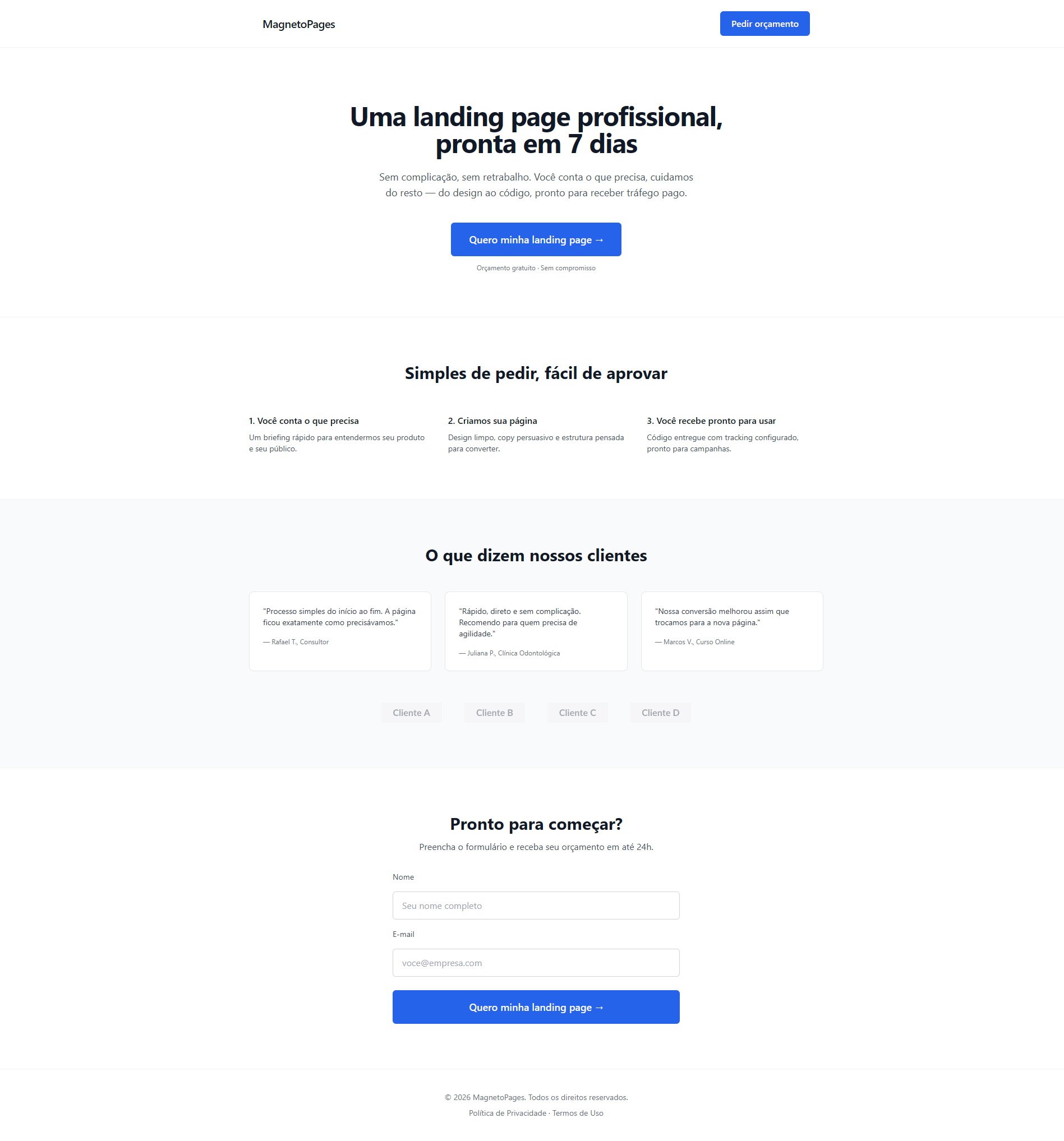 Captura de tela do template de landing page Minimalista e Alta Conversão da MagnetoPages
