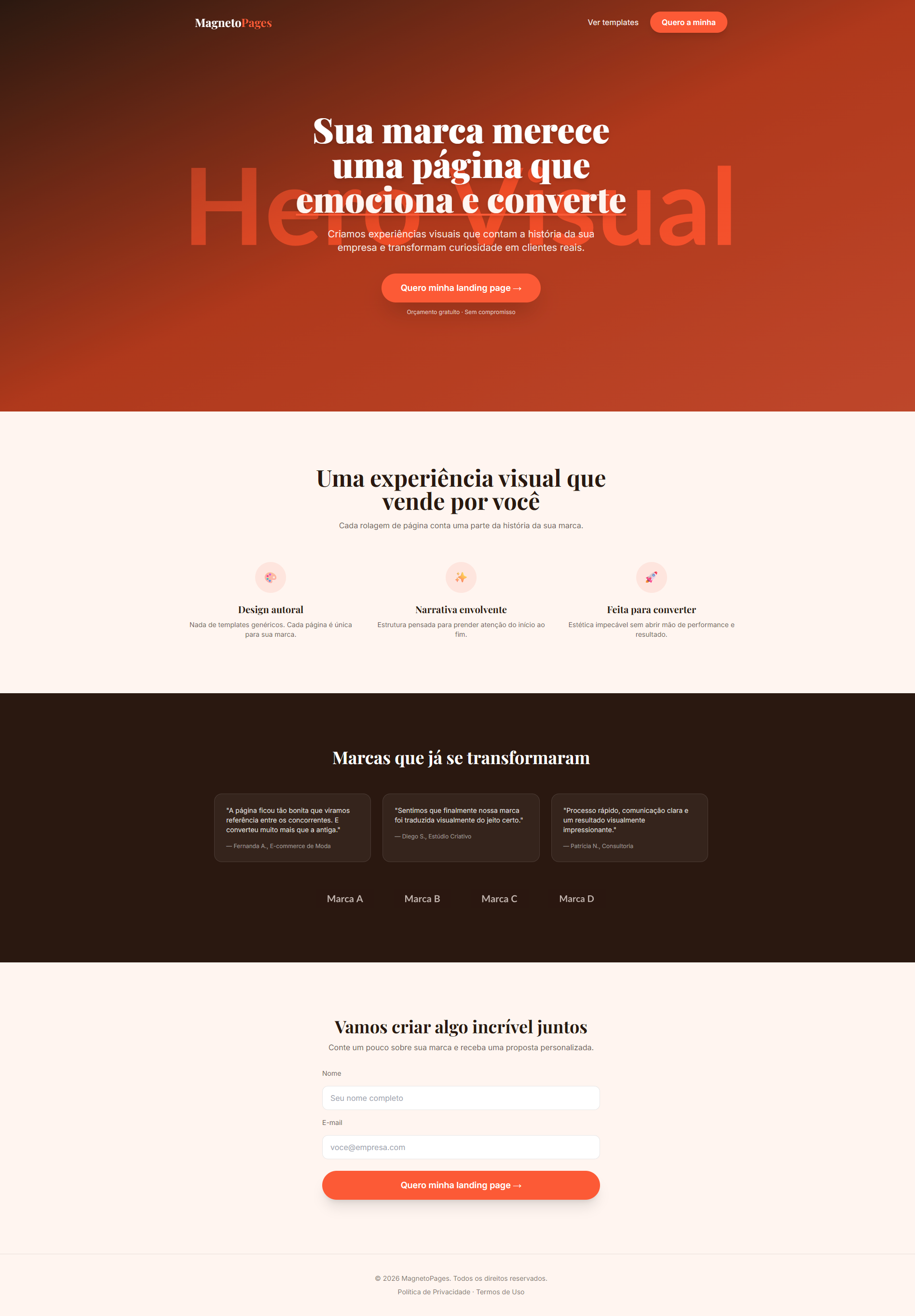 Captura de tela do template de landing page Visual e Imersivo da MagnetoPages